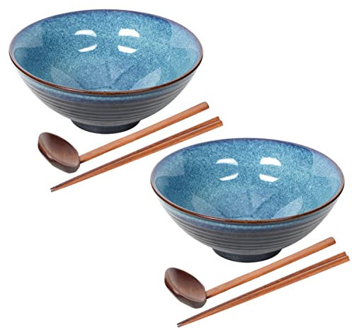 STE-CER Lot de 2 bols à ramen en céramique de style japonais avec baguettes, 20,3 cm et 1134 g, bols à soupe et cuillères asiatiques pour nouilles Udon, soba, soupe Miso, bleu