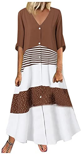 MICKURY Maxikleid Herbst Langes Schwarzes Kleid Ballkleid Weiß Gerafftes Kleid Rinaldi Kleider Mode Damen V Ausschnitt Kurzarm Kleid Mit Karodruck Langes Freizeitkleid C-Braun 3XL