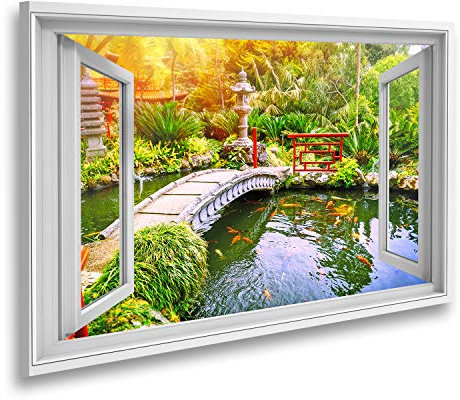 islandburner Bild auf Leinwand Fensterblick Japanischer Garten mit schwimmenden Koi Fischen in der Teichnatur Hintergrund Sagenhafter Effekt Wandbild Leinwandbild XDFR