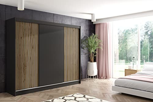 ALTDECOR Kleiderschrank mit Lamel-Schiebetüren, kugelgelagerte Führungsschienen und Aluminium-Leisten - VILAN - 250 cm Schwarz + Lamelle Eiche Wotan