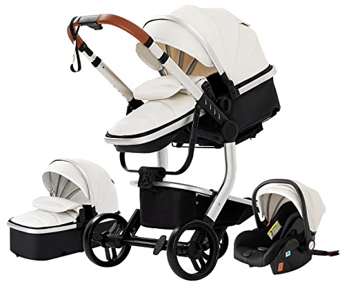 3 in 1 Kombikinderwagen 3 in 1 Reisesysteme Infant Hochlandschaft Kinderwagen Liegender Buggy Kinderwagen Neugeborenen Kinderwagen Faltbarer Standardkinderwagen (white 518)