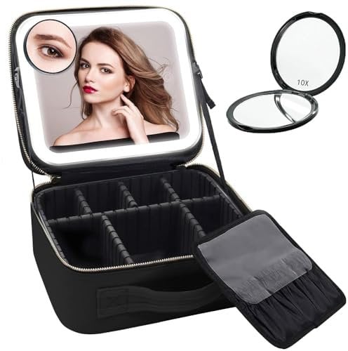 Kosmetiktasche mit Beleuchtetem Spiegel, Make Up Tasche, 3 Farbeinstellungen, Schminktasche mit verstellbaren Trennwänden, USB Wiederaufladbar, Reise Kosmetiktasche Damen mit Schminkspiegel