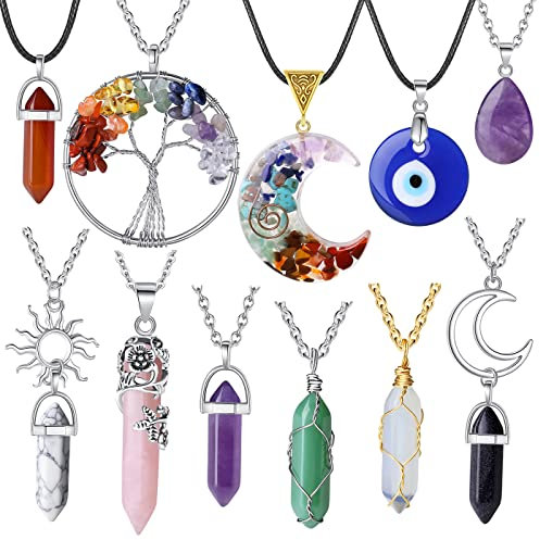 XIANNVXI 11pcs Kristalle Kette Damen Set Halskette Amethyst Steine Chakra Kette Rosenquarz Heilung Edelsteine Stein Evil Eye Mond Sonne Tree of Life Anhänger Ketten Reiki Schmuck Geschenke für Mama