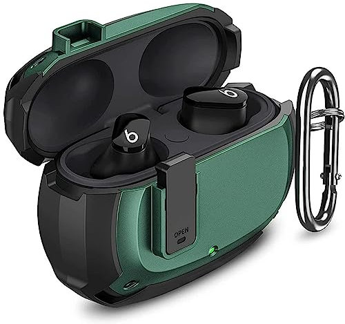 MEMELOKA Custodia per Beats Studio Buds+, Antiurto in Silicone Morbido & Rigida PC Cover con Portachiavi e Coperchio di Blocco, Nero + Verde