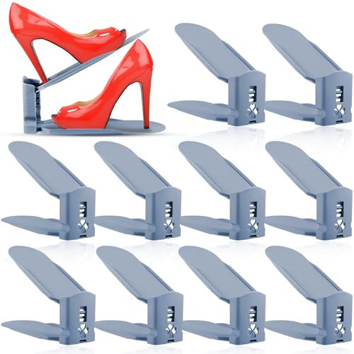 POWZOO 10 pcs Organizadores de Zapatos,Soporte de Calzado de Altura Ajustable,Zapatero Simple,Ranuras para Zapatos,Zapatos Ahorra Espacio, organizador de zapatos de doble cubierta.(neblina azul)