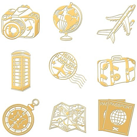 OLYCRAFT 9 Stück 4x4cm Goldene Metallaufkleber Reisethema Aufkleber Selbstklebende Flugzeugkarte Reisepass Aufkleber Goldene Epoxid Aufkleber Für DIY Sammelalben Epoxidharz Wasserflaschen Dekor