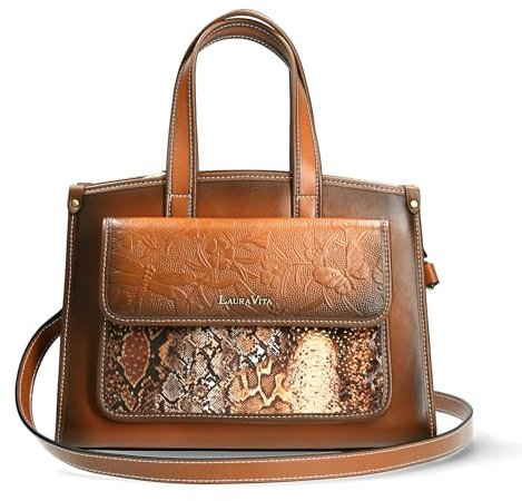 Laura Vita Damen Umhängetasche Shopper Leder Blumen Tier Muster Arlina, Farbe:Braun