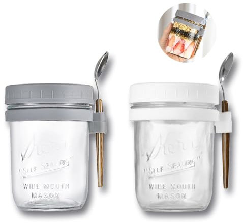 2Pcs Overnight Oatmeal Cups Overnight Oats Jar Portable with Lids Milk Cups Yogurt Bottles Lids and Spoons with Measurement Marks Overnight Oatmeal Cups with Reusable Glass (White&Gray)