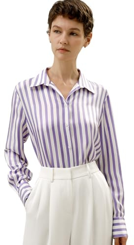 LilySilk Damen Reine Seide Hemd Damen lila weiß Nadelstreifen Bluse mit V-Ausschnitt und Langarm für Arbeit lässig Frühling Sommer Herbst(Flieder-Weiße Nadelstreifen,XXL)