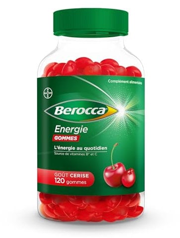 Berocca® Energie gommes - Multivitamines Complément alimentaire - Source de vitamines B* et vitamine C - Réduction de la fatigue, donne de l'énergie au quotidien - Goût Cerise - 120 Gummies