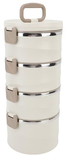 SIXRUN Contenedor de Alimentos de 4 Niveles, 3.3L Aislada de 4 Niveles Contenedor de Alimentos de Acero Inoxidable 304 Caja Apilable Redonda con 2 Tenedores y Cucharas
