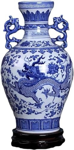 Blaue und weiße Porzellanvasen Vasen Vase Porzellan Blau und Weiß Porzellan Keramik Vase Handgemalt Drachenmuster Amphore Flasche Wohnzimmer Blumendekoration - Hoch 32 cm