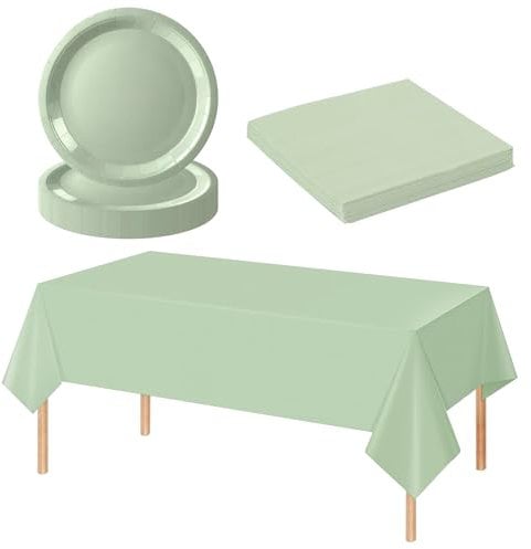 37P Sage Green Tableware Set for Her,Girl,Women,Sage Green Paper Plates and Napkins Sage Green Tablecloth,Eucalyptus Green Paper Dinnerware for Birthday,Wedding,Baby Shower Party Green Tableware Décor