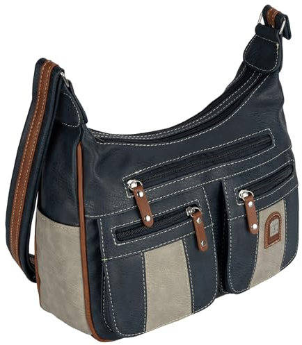 EAAKIE Damen Tasche, Schultertasche, Handtasche, Umhängetasche mit Leder Optik und vielen Fächern (BLAU-GRAU)