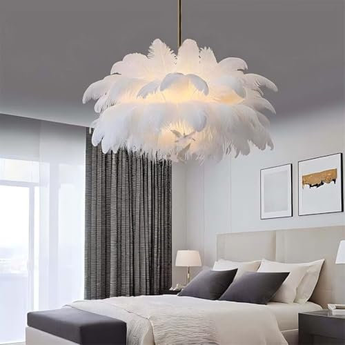 DESHOME Federlampe Weiß Durchmesser 80cm Hängelampe Natur Feder Lampe Decke Kronleuchter 3000K Innen Deckenlampe mit 2 Vögeln, für Kinderzimmer, Wohnzimmer, Mädchen Schlafzimmer