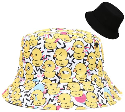 LANLYLGQ Fischerhut Beidseitig Tragen Unisex Herren Damen Sonnenhut UV Schutz Sommerhut Bucket Hat (Baumwolle, Ente-Weiß)