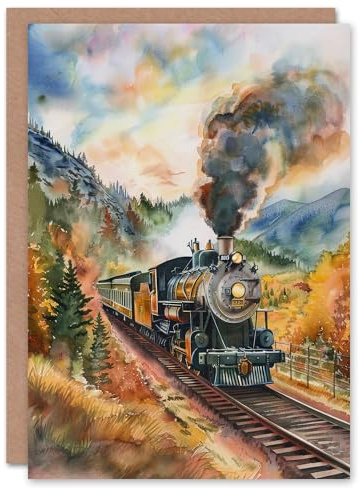 Artery8 Greeting Card Locomotive Train Passing Through Autumn Forest Blank For Him Or Her Art Good Luck Card