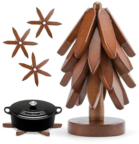 Hölzerne Untersetzer für heiße Platte,4ST Baum Untersetzer,Hölzerne Tischset Untersetzer,Baum Design heiße Topfmatte,Hitzebeständige Faltmatte für Teekanne,Pfanne,Schüssel