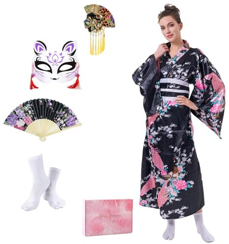 CRFASIBE 5 Pièces Robe Kimono Longue Femme Japonaise Geisha Yukata Robe Kimono Paon Photographie Cosplay Costume Set(Noir)