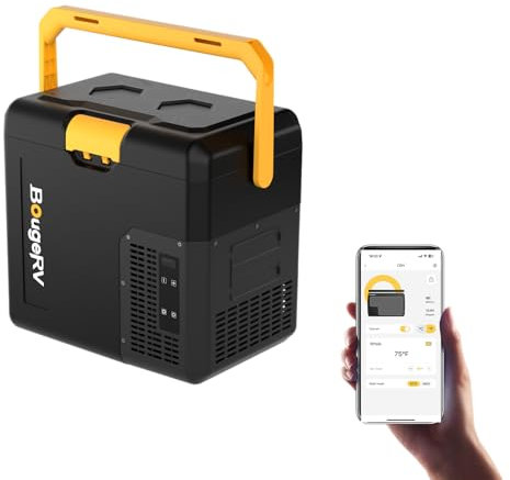 BougeRV CRH Kompressor Kühlbox Klein 18L mit Griff, Auto Kühlbox Tragbar 12V/24V 230V Auto Kühlschrank Elektrisch Mini mit Akkufach App-Steuerung Gefrierfach für Camping Reisen Boot Angeln -20°C~20°C