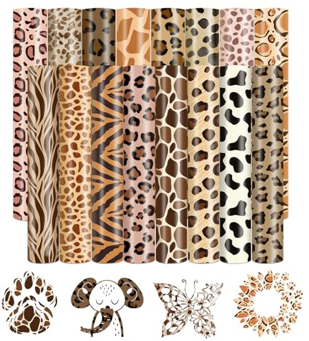 HTVSTD Boho Leopard Plotterfolie Textil 10×12in,16Stk. Iron on Folie | Kombiniertes Boho-Leopard-Muster mit kräftigen Kontrasten, abriebfest für täglich getragene Alltagstextilien