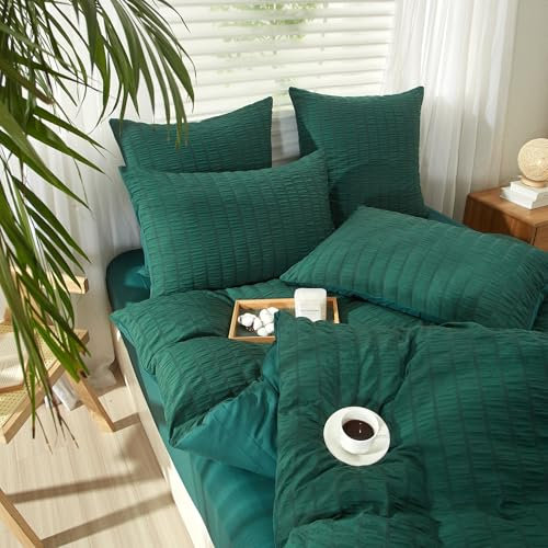 YASMENG Seersucker Bettwäsche 135x200 Dunkelgrün Gestreift Bettwäsche Seersucker Modern Bettwäsche Mikrofaser Weich Atmungsaktiv Bettbezug Set 2teilig mit Reißverschluss und 80x80 cm Kissenbezug