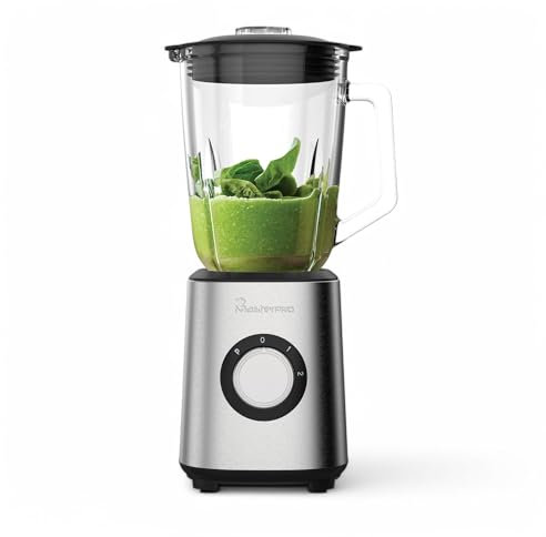MasterPRO FOODIES Frullatore ad immersione da 1000 W, Ciotola in vetro da 1.5 L, Potente comando a 2 velocità con funzione Pulse, Lama in acciaio inossidabile, Sistema di bloccaggio di sicurezza