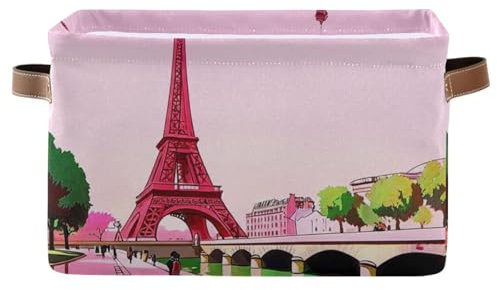 Paris Tower Pink Sky Fabric Storage Boxes with Handle, Collapsible Home Edit Products, Set of 2
