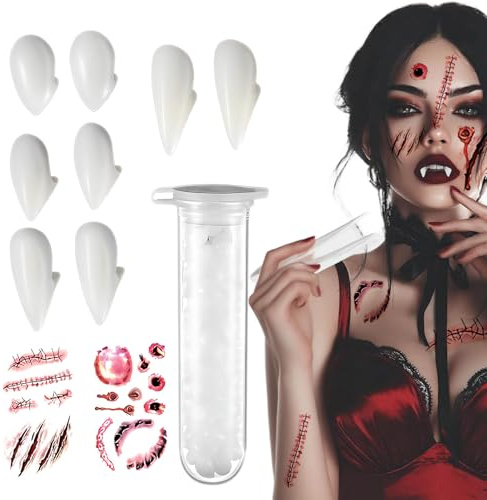Huifengjie Lot De 4 Paires De Dents De Vampire Et 1 Tube De Colle pour Les Dents Et 2 Tatouage Halloween,Dent Vampire pour Les Accessoires De Fête Cosplay Halloween, 13/15/17/19mm, 4 Tailles
