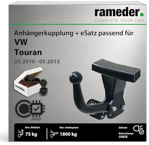 Anhängerkupplung starr Auto Hak passend für VW Touran Typ 1T3 Baujahr: 2010-2015 inkl. 13 poligem spezifischen CAN-Bus Elektrosatz | rameder. Komplettsatz - AH-F20