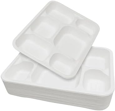6-Compartment Rectangular Disposable Plates Heavy Duty Bagasse Food Trays – Compostable Party & Meal Serving Tray for Special Occasion (Pack of 25)