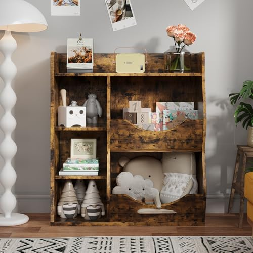 OPULENTHOME Bücherregal für Kinder und Aufbewahrung von Spielzeug – Bücherregal für Kinderzimmer, Braun, 81 x 30 x 91 cm, Möbel Aufbewahrung