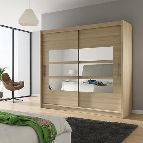 Agritrade AK BEGA III 180cm Wardrobe with Hanging Rail, Sliding Doors, Shelves, and Mirror Storage - Sonoma