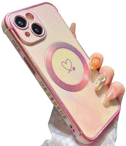 ZTOFERA Magnetic Heart Case for iPhone 15 Plus, Iridescent Pink | 6.7-Inch, [Compatible with MagSafe], Cute Love Heart Pattern, Flexible Soft Silicone, Protective Shockproof Bumper Cover