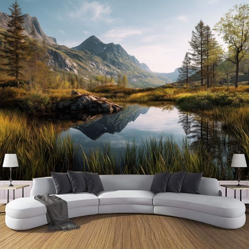 Fototapete Schlafzimmer Nordisch Landschaft See Berge Pflanzen 3D Druck Vliestapete, ‎150x105cm (B×H) Wandtapete Wandbilder, für Wohnzimmer, Kinderzimmer, TV Hintergrund Bräunen Tapete