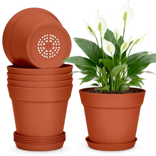 KINGLAKE 15cm Blumentöpfe mit Untersetzer - 6 Stück Pflanztöpfe Klein, übertopf Pflanztopf, Blumentopf Kunststoff Set, Topf Kleine Flower Pot für Pflanzen Kakteen Kräuter-Terrakotta