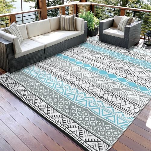 CAROMIO Outdoor Teppich Wetterfest, Wendbarer Balkon Camping Teppich 180x270 cm, Kunststoff Stroh Terrasse Matte UV-beständige Outdoorteppich Rug Carpet für Garten RV Picknick, Blau/Grau/Schwarz/Weiß