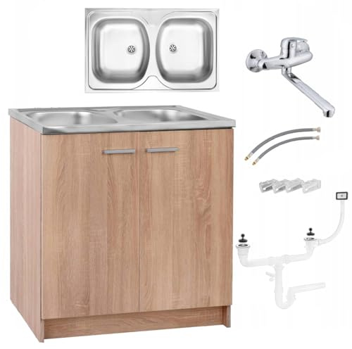 Stamar Spülenschrank Küchenschrank 80 cm Sonoma 2-Kammer Spüle Armatur Wandmontage Set Standschrank 46cm Tiefe Elastische Armatur Siphon Montagefertig XXL