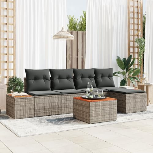 IBUQDDV 6-teiliges Garten Sofaset mit Kissen Grau Poly Rattan Akazie Eckcouch Outdoor Modulares Design Wetterfest