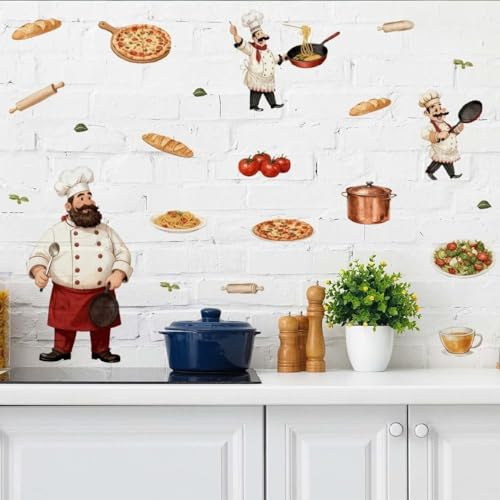 COVPAW Wandtattoo Küche Koch mit Pizza Brot Wandaufkleber Italienisches Restaurant für Küche Esszimmer Wand Kühlschrank Fenster usw. Dekoration, 60x23.62cm, 2 Blätter (Koch mit Pizz Brot)