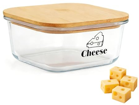 Hynorian Käsebox Kühlschrank 1200 ml aus Borosilikatglas mit Holzdeckel | Käsedose für Käse Aufschnitt und Vorratsaufbewahrung Transparent für Küche, Frühstückstisch & Kühlschrankfach