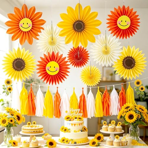 SUNBEAUTY 19 Stück Sonnenblumen Papierfächer Party Dekoration Gelb Seidenpapier Fächer Beige Hängende Girlande Orange Blumen Papierfächer für Geburtstag Hochzeit Tischdeko Abschluss Party Deko