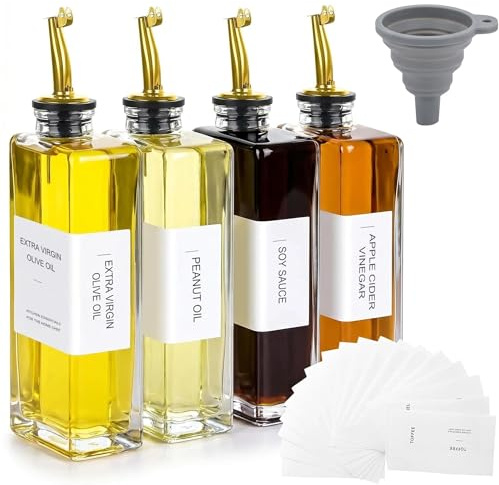 Geltais 500ml Olive Oil Dispenser Bottle Set for Kitchen, Set of 4 Glass Dispenser, Oil and Vinegar Dispenser Bottle Set with Weighted Automatic Pourer and Waterproof Label&Silicone Funnel