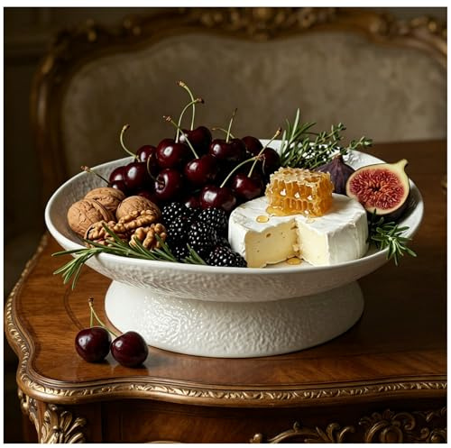 NUOBESTY 28 cm Ceramic Fruit Bowl, White Pedestal Serving Dish | Smooth glazed finish for fruit, desserts and salads, with a stable base for kitchen worktops, dining tables and centrepieces