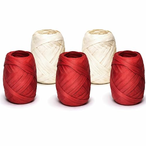 Papierband Raffiabast 5 Rollen Set je 20m - Geschenkband Raffia Papier Schnur Craft Verpackung - Bastband Papiergarn zum Binden Verzieren - Bänder für Geschenke Deko - Rot Weiß Mix