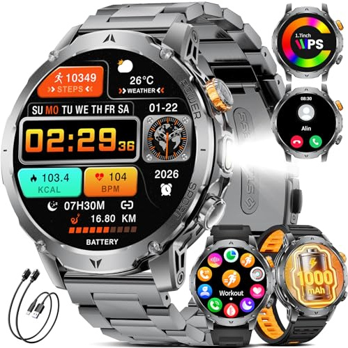 Reloj Inteligente Hombre Militar 1000mAh, Smartwatch 1,7'' con Linterna LED y Llamadas Bluetooth, 110+ Modos Deportivos, IP68, Frecuencia Cardíaca 24H, Android/iOS, 3 Pulseras + 2 Cargadores, EF24-A