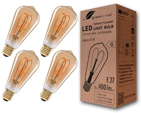 greenandco 4x Vintage Glühfaden LED Lampe | gold | E27 ST64 | 5W 400lm | 2000K extra warmweiß | 360° | 230V | flimmerfrei | nicht dimmbar