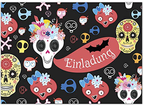8 Halloween Einladungen mit Umschlägen - Bunte Totenköpfe und Geister - Tolle Einladungskarten für die Halloween-Party für Kinder und Erwachsene