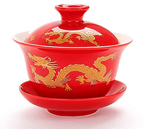 YBK Tech Porcelain Kung Fu Tea Cup and Saucer with Lid, Chinese Traditional Gaiwan Sancai Tea Bowl Tea Set Dragon Pattern (Red)