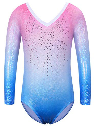 ZNYUNE Mädchen Gymnastikanzug Langarm Kinder Glänzende Turnanzug mit Strasssteine 267 PinkBlue 8A
